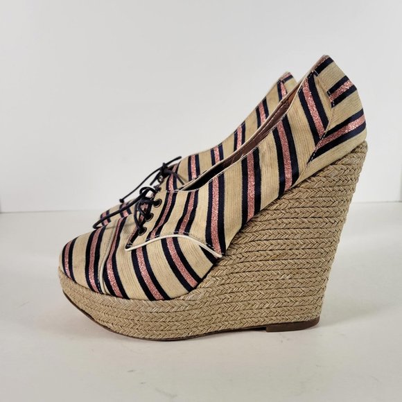 Tabitha Simmons STRIPED OXFORD WEDGE Pink Navy Espadrille Heels Women Sz 7.5 - Picture 7 of 11